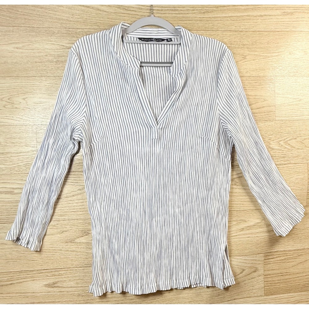 Duffield Lane Blue White Stripe Textured Blouse XL Coastal Minimal Chic‎